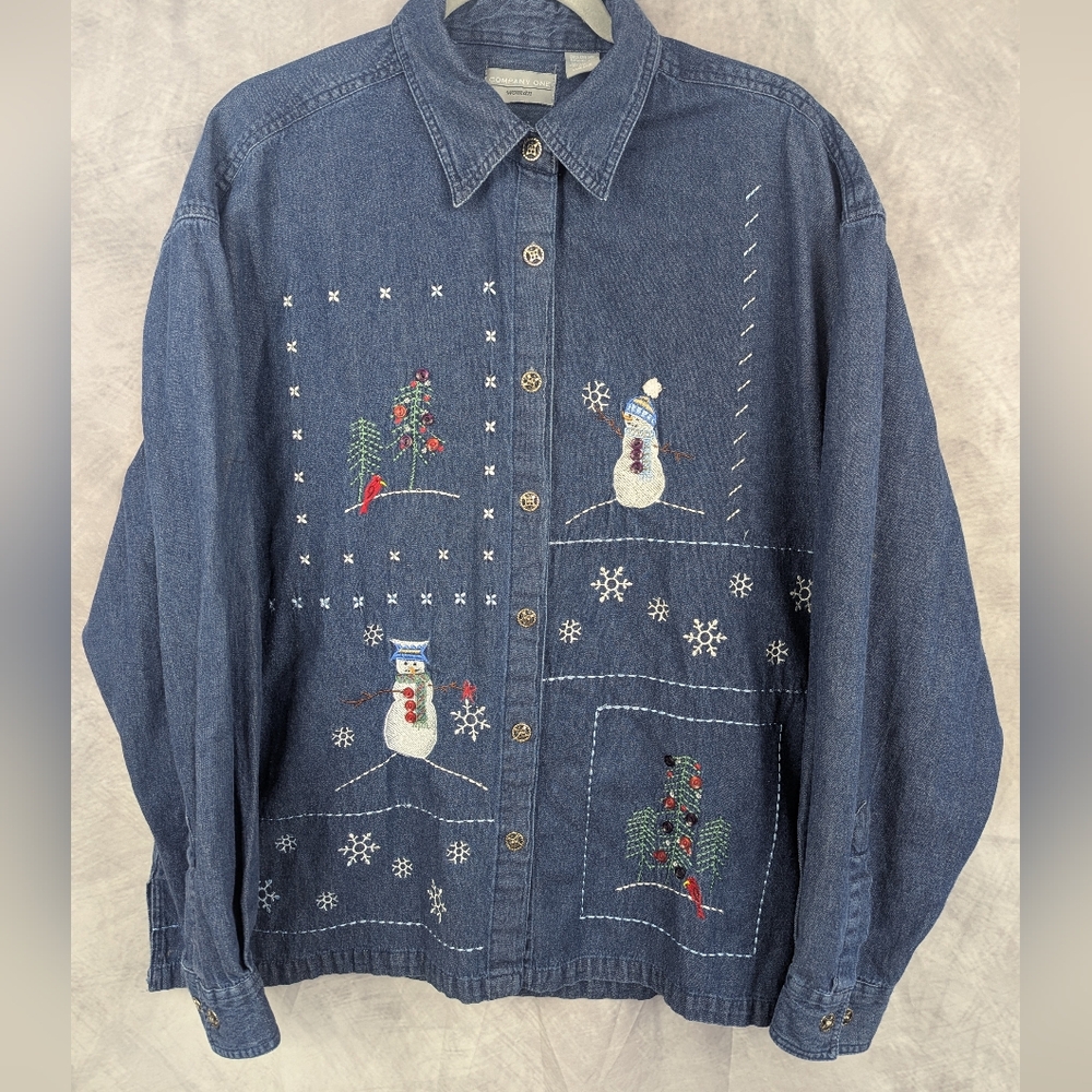 Vintage Company One Denim Snowman Embroidered Button Up Shirt Plus Size 2X